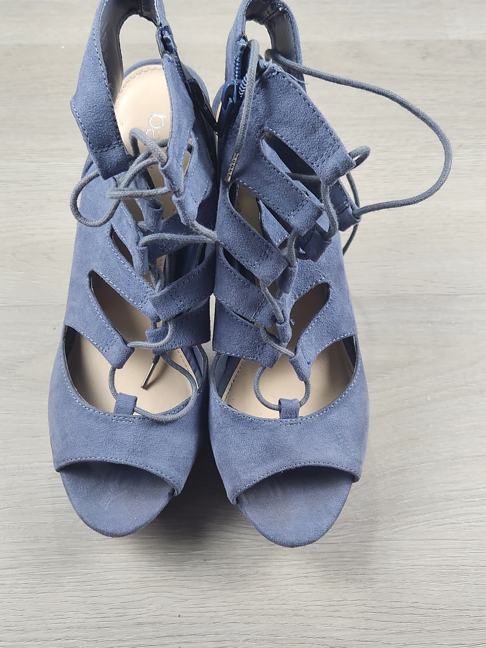 Suede Lace-Up Peep-Toe Heels in Slate Blue